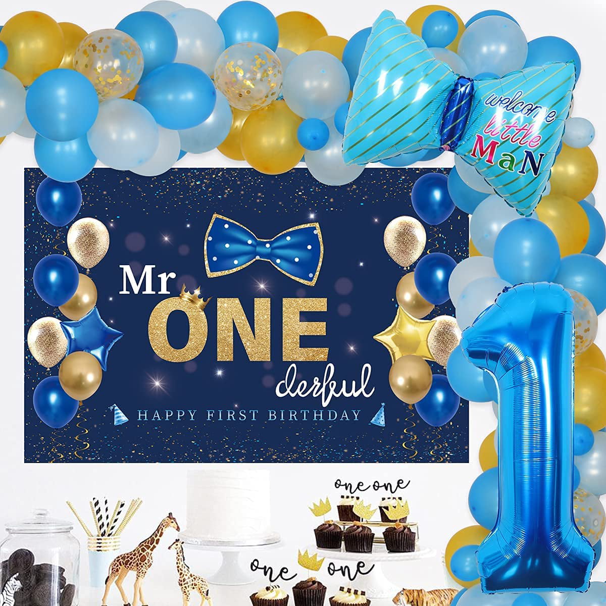 Boys 1st Birthday Decoration Mr. Onederful Birthday Party Supplies 1st Happy Birthday Backdrop Photography Background with Balloons for Baby Toddler Little Man First Birthday Decor (Blue and Gold) - Walmart.com
